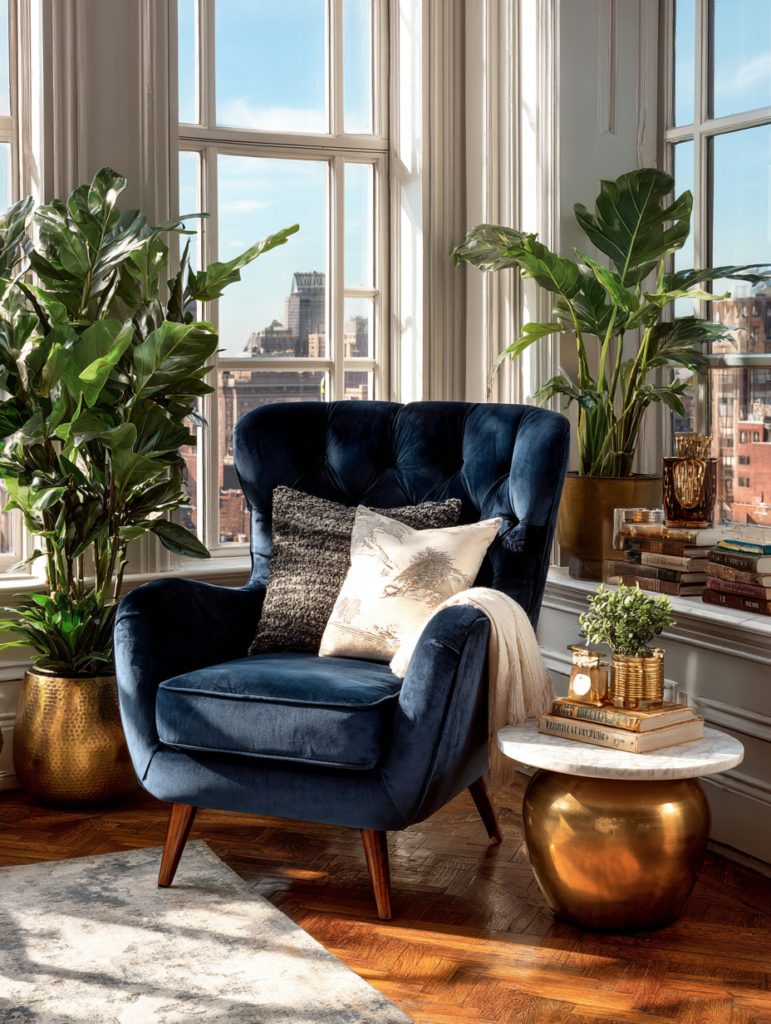 Cozy thought processing corner with a velvet armchair, indoor plants, side table, books, and natural light in an intentional home
