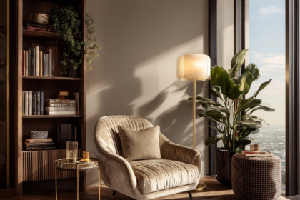 Modern thought processing space featuring a lounge chair, bookshelf, warm lighting, greenery, and city views, reflecting the evolution of traditional home libraries.