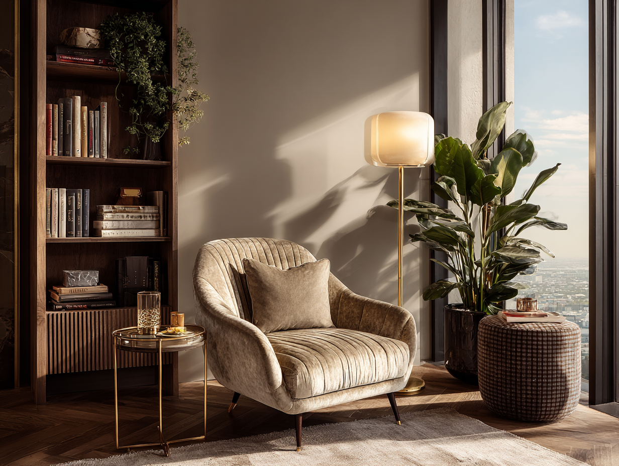 Modern thought processing space featuring a lounge chair, bookshelf, warm lighting, greenery, and city views, reflecting the evolution of traditional home libraries.