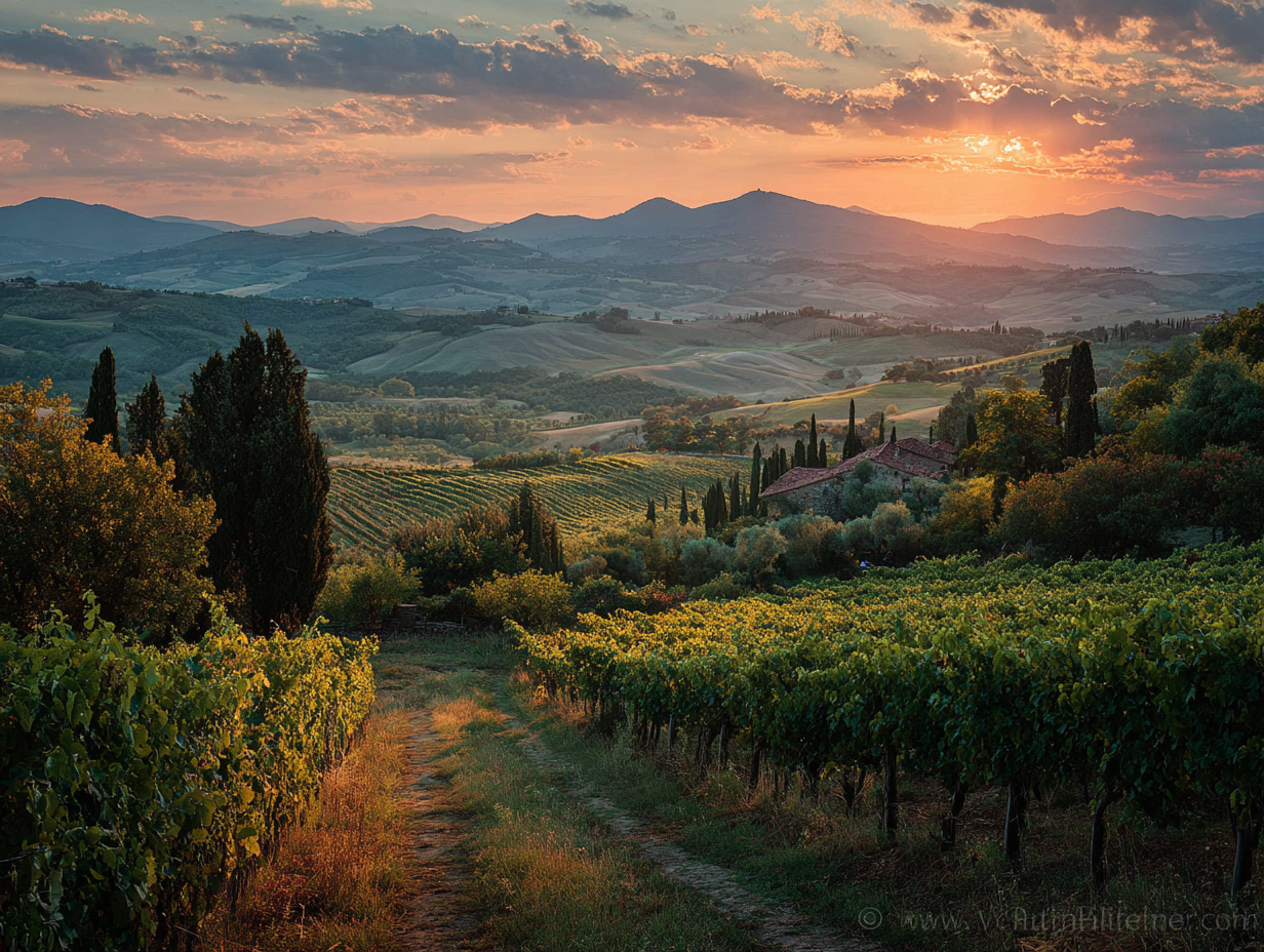 Sunrise over rolling vineyards in Tuscany, Italy, representing slow travel, intentional living, and a location-independent lifestyle