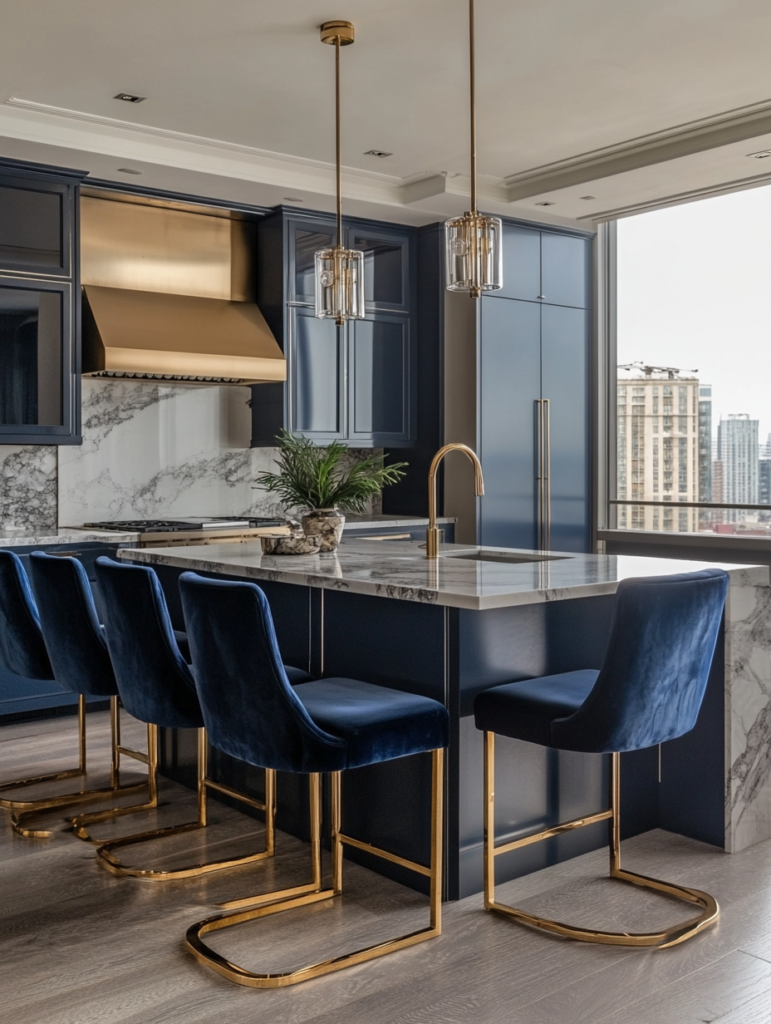 Velvet bar chairs with gold legs styled at a modern kitchen island