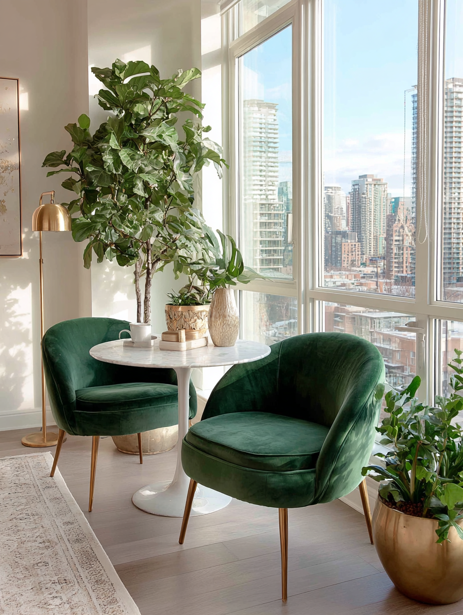 Green velvet accent chairs styled by a window with a marble table, indoor plants, and city views