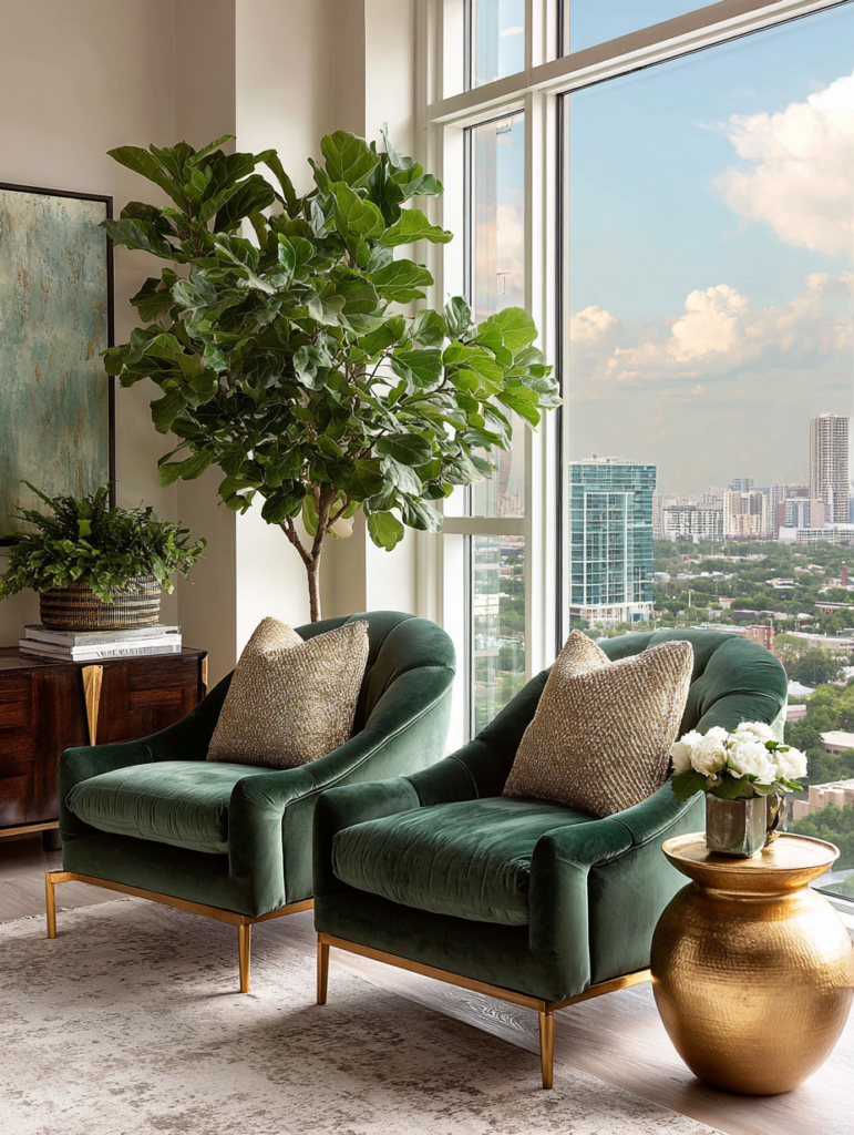 Green velvet statement chairs paired with a gold side table in a bright modern living room