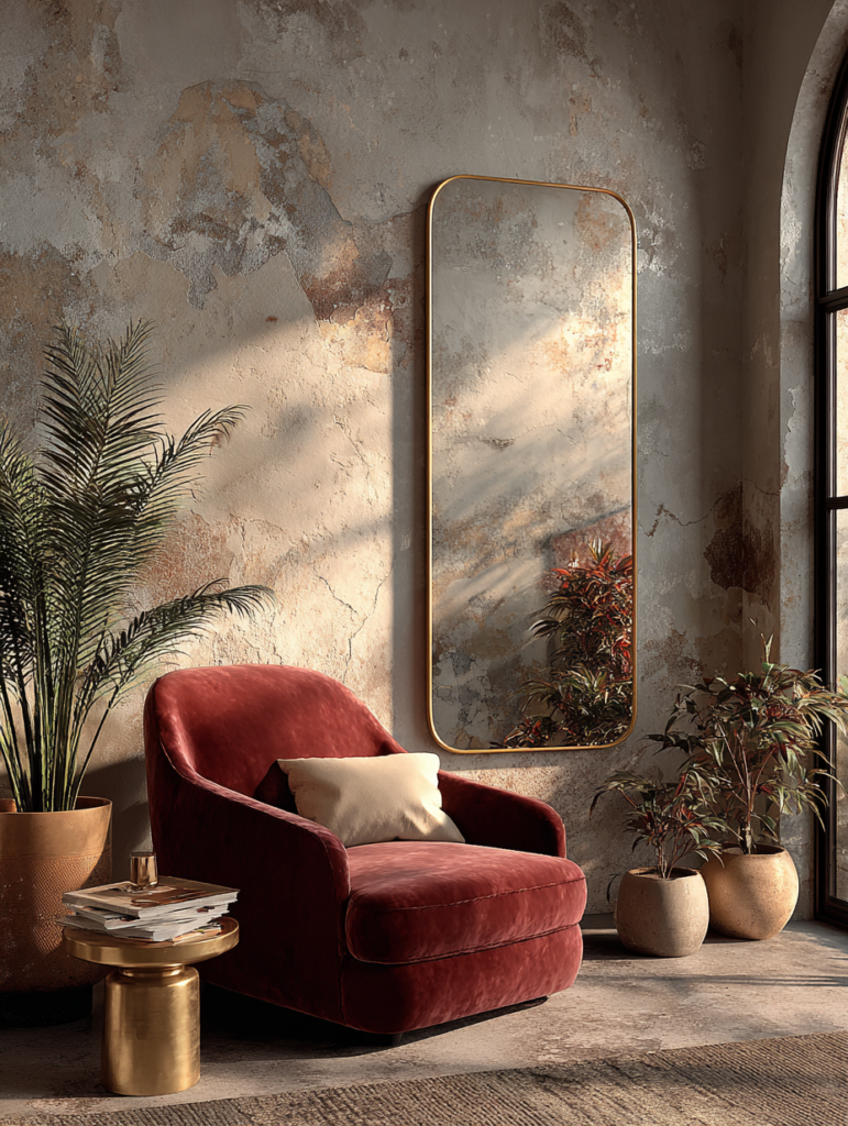 Burgundy velvet accent chair styled with a side table, books, and plants in a textured interior