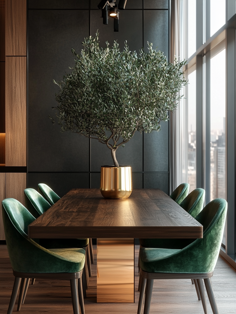 Dark wooden dining table with emerald green velvet chairs and a gold planter centerpiece