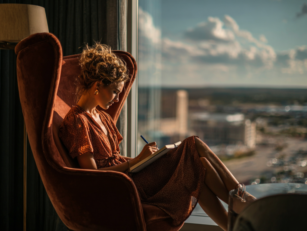 Woman sitting by a window writing in a notebook while reflecting on personal desires and life direction.