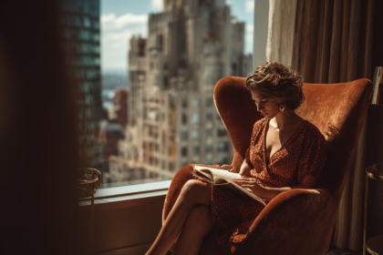 Woman reading books about Japanese culture and intentional living