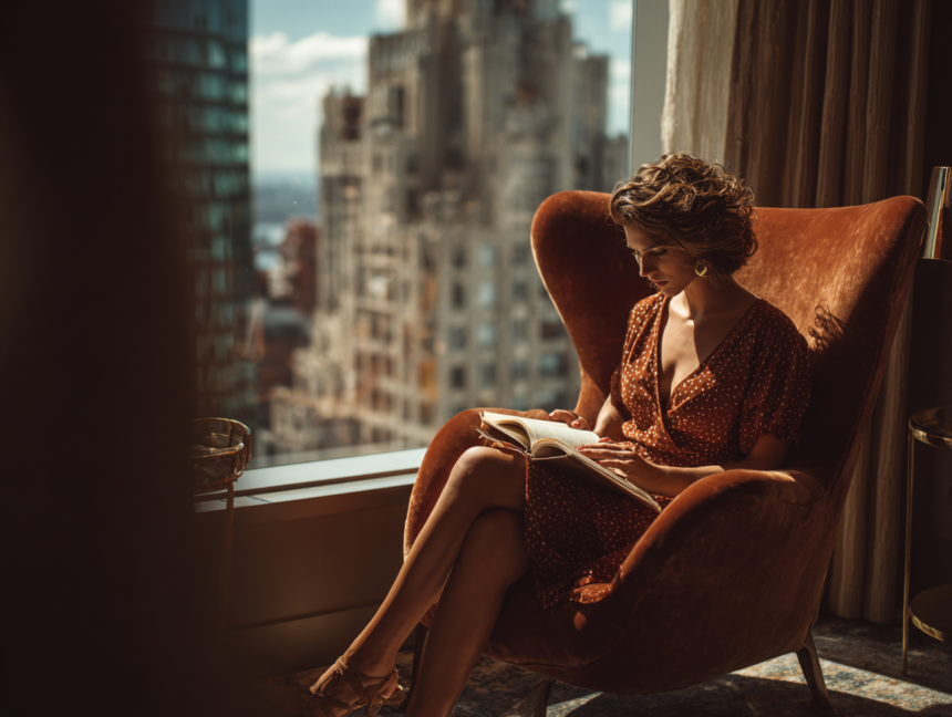 Woman reading books about Japanese culture and intentional living