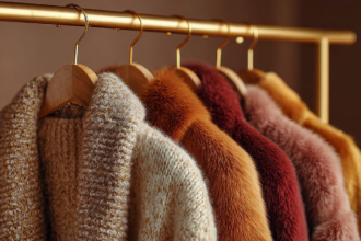 Neutral wool and faux fur coats in brown and warm tones hanging on a minimalist clothing rack