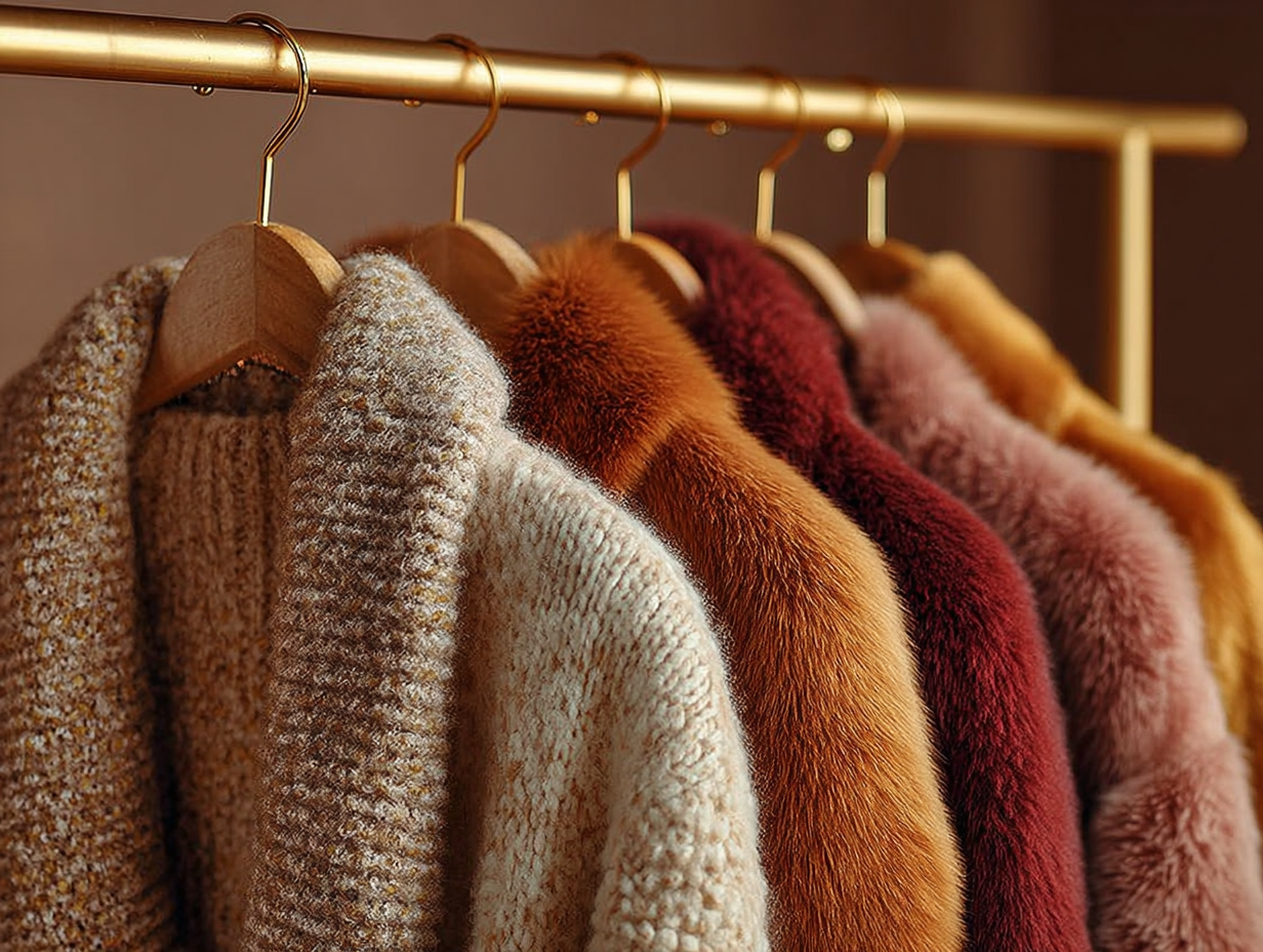 Neutral wool and faux fur coats in brown and warm tones hanging on a minimalist clothing rack