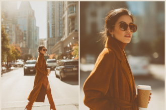 Woman wearing a camel wool coat walking through a city street, styled as an elegant high street investment piece