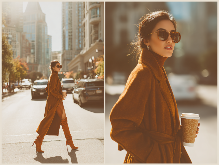 Woman wearing a camel wool coat walking through a city street, styled as an elegant high street investment piece