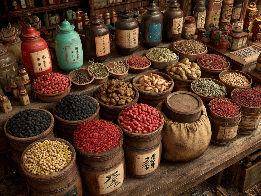 Traditional Chinese spice market with dried herbs, roots, and spices used in Chinese cooking and medicine