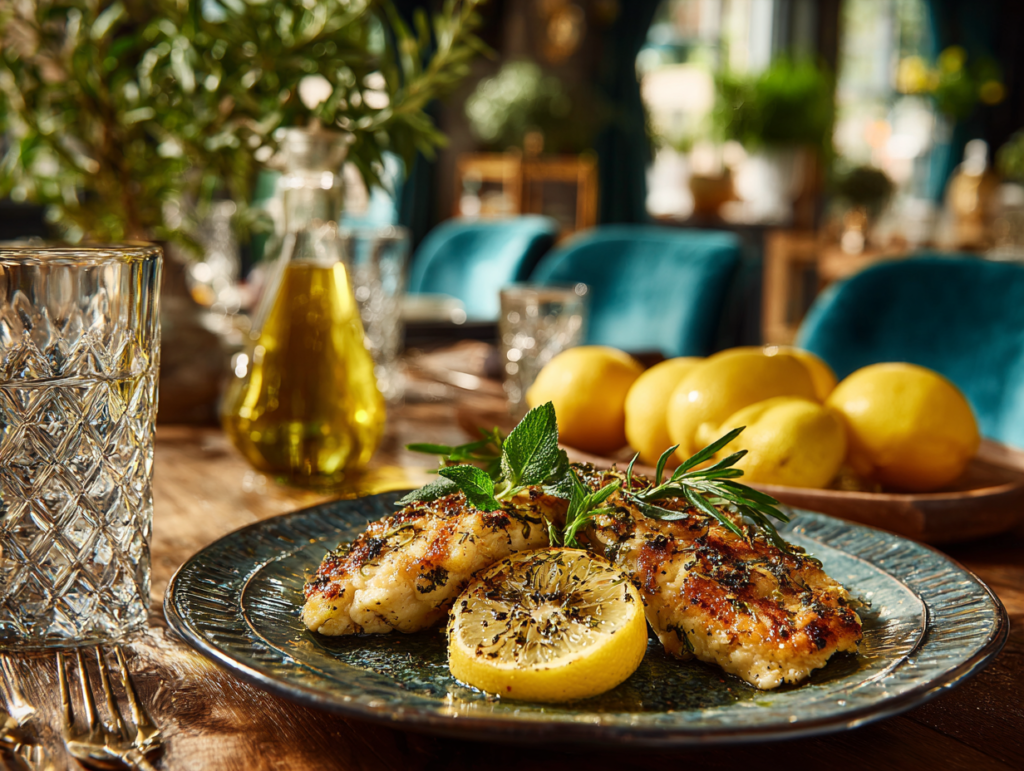 Greek Mediterranean dish prepared with olive oil, lemon, oregano, and fresh herbs showcasing Greek food culture