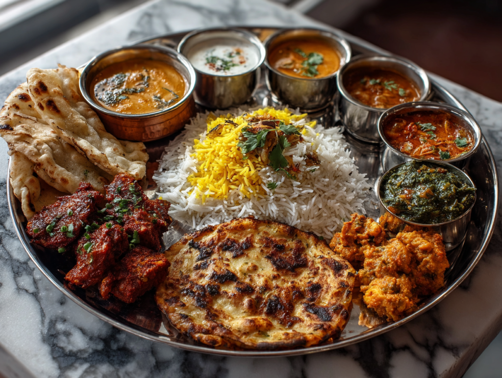 Traditional Indian thali with rice, curries, flatbread, and vibrant spices showcasing Indian cuisine and spice culture