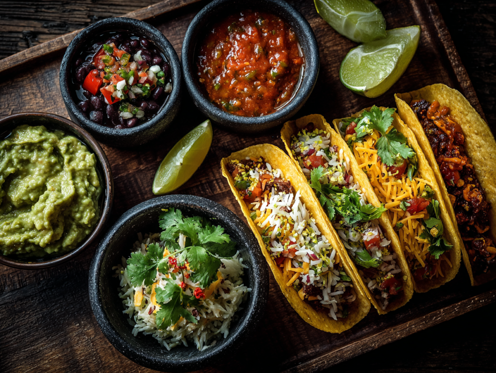 Mexican food with tacos, guacamole, salsa, lime, and chili peppers showcasing the spice-rich culture of Mexico