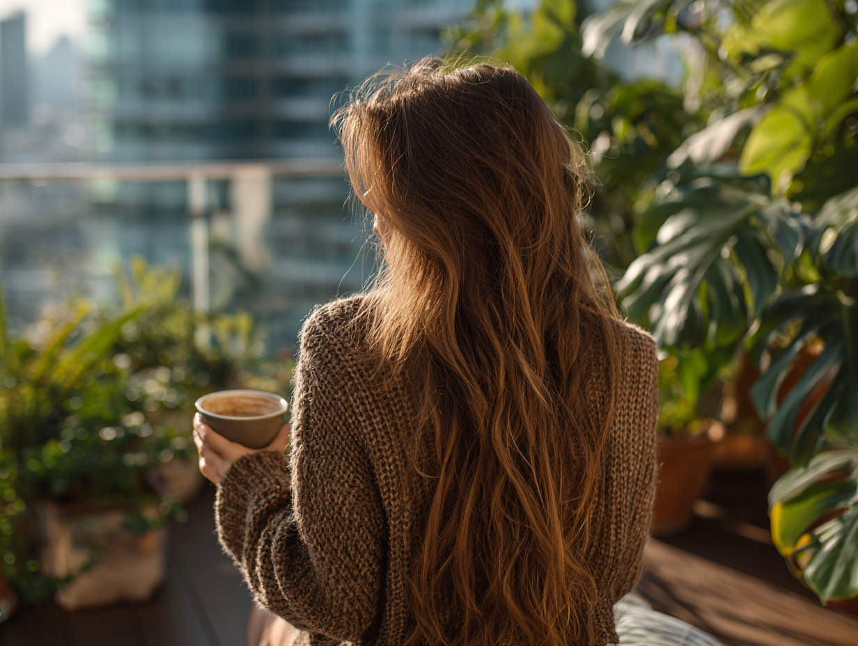 Woman with long hair enjoying a warm drink on a balcony surrounded by greenery, embracing slow living in the city.