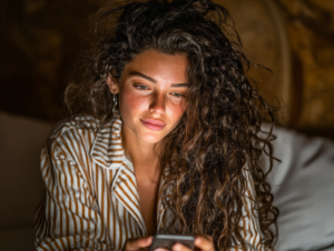 A woman scrolling on her phone in a quiet setting, symbolizing how digital content and social media also shape mindset, energy, and influence.