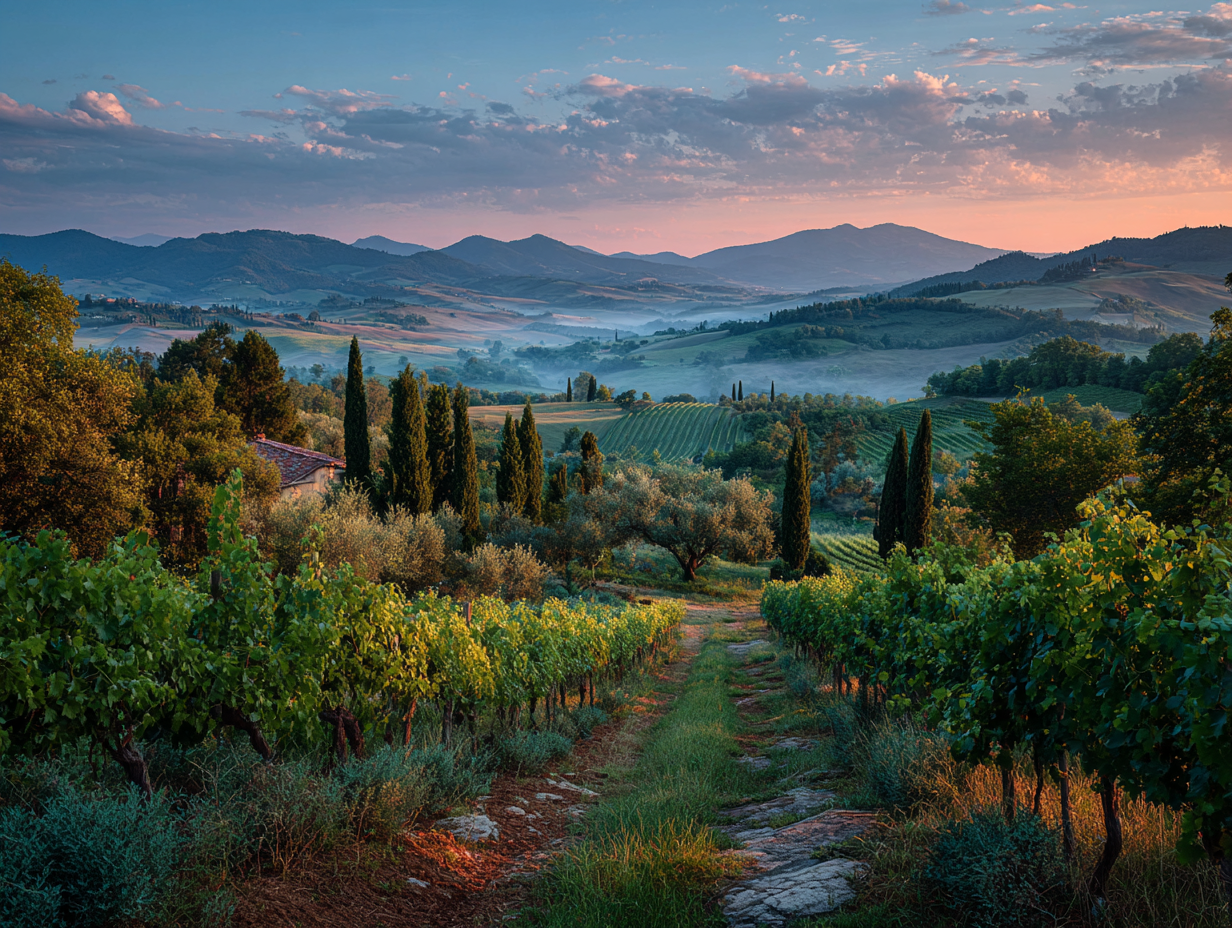 Rolling vineyards and cypress trees in Tuscany representing slow living and intentional travel