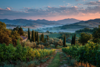 Rolling vineyards and cypress trees in Tuscany at sunrise, representing slow living and intentional travel in Italy