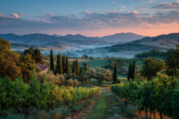 Rolling vineyards and cypress trees in Tuscany at sunrise, representing slow living and intentional travel in Italy