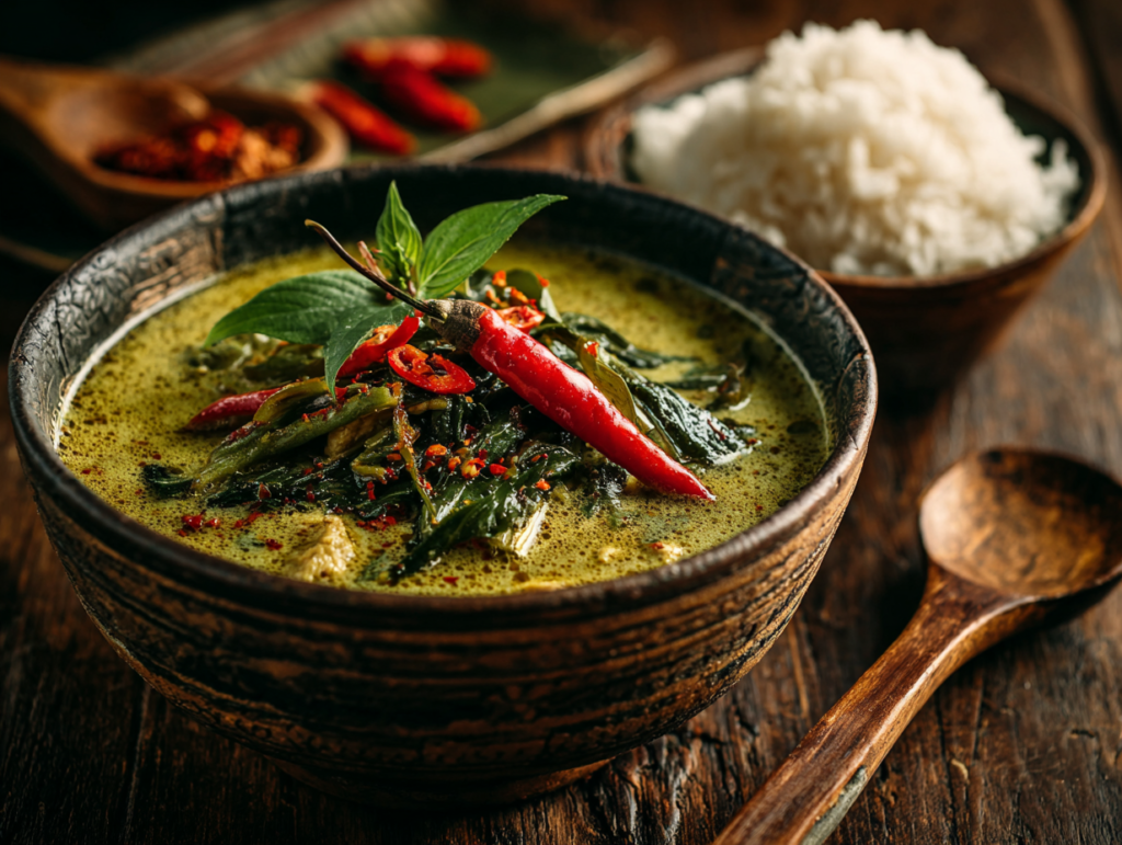 Thai green curry with fresh herbs, chilies, and rice showcasing the bold and balanced flavors of Thai cuisine