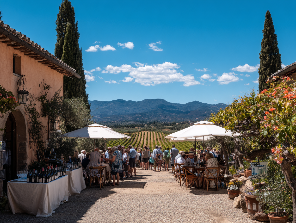 Outdoor wine tasting in Tuscany with vineyards, tables, and people enjoying local wine