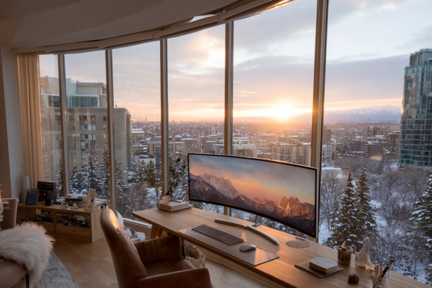 High-rise home office with floor-to-ceiling windows, ultra-wide desk setup, and snowy city view