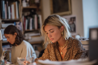 Two women working quietly at a desk in a warm home office, reflecting focus, discipline, and confidence-building habits.