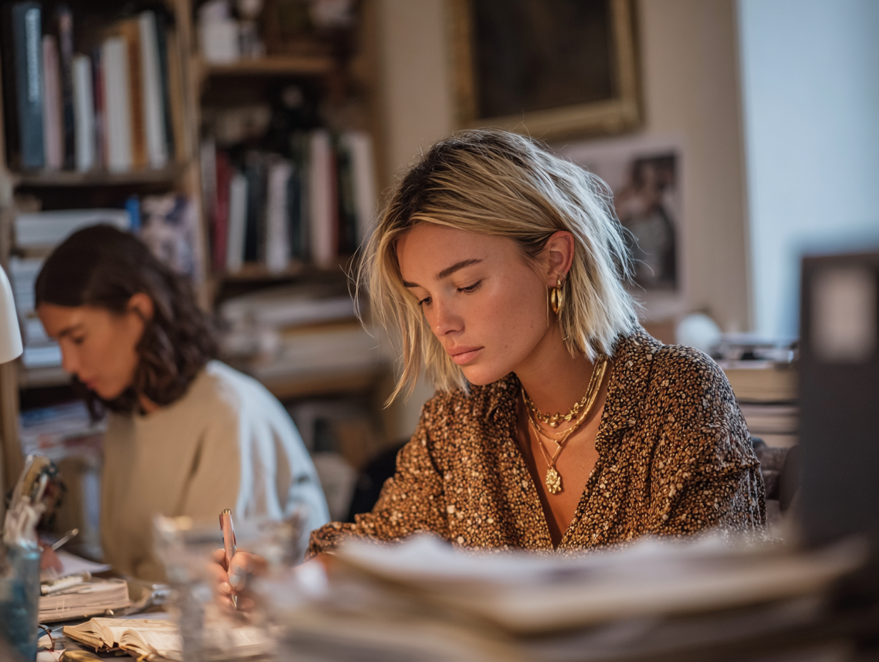 Two women working quietly at a desk in a warm home office, reflecting focus, discipline, and confidence-building habits.