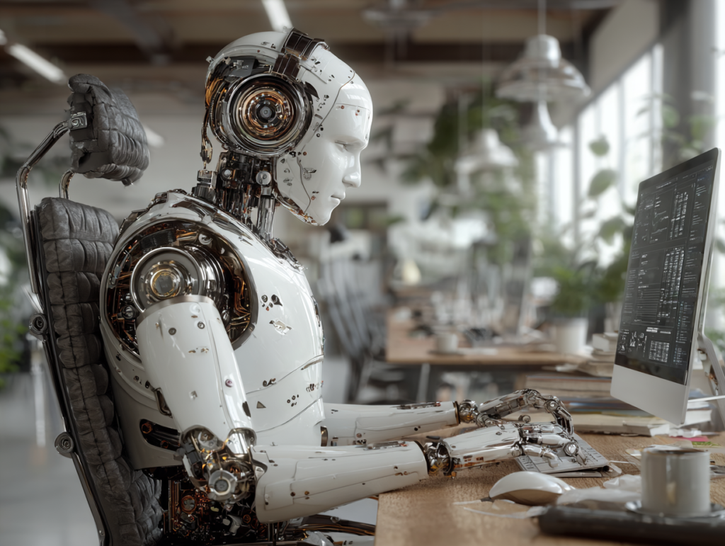 Humanoid AI robot working at a computer in a modern office, symbolizing artificial intelligence as the new digital assistant.