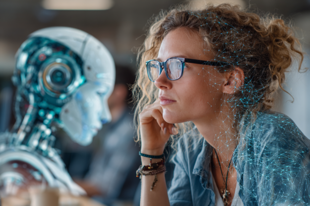Thoughtful woman facing a humanoid robot, symbolizing adaptation and collaboration in the AI era.