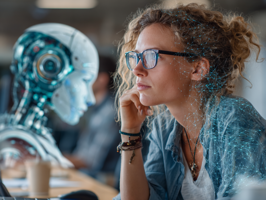 Thoughtful woman facing a humanoid robot, symbolizing adaptation and collaboration in the AI era.