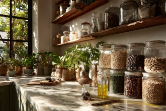 Sunlit wellness pantry with glass jars of grains, seeds, coffee beans, olive oil, and healthy cooking staples on marble countertop