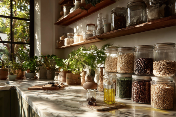 Sunlit wellness pantry with glass jars of grains, seeds, coffee beans, olive oil, and healthy cooking staples on marble countertop