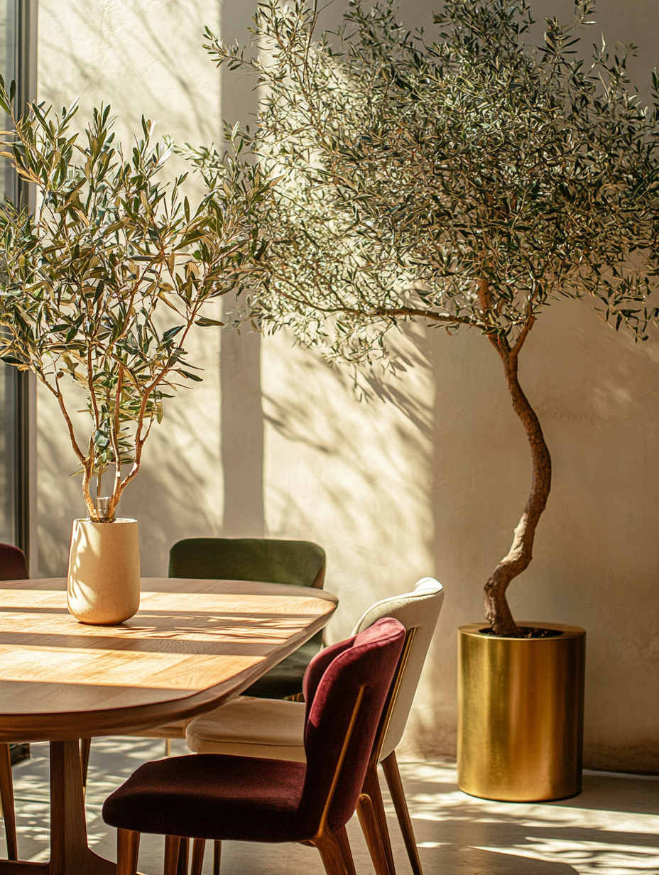 Olive tree in gold planter beside wooden dining table with emerald, ivory, and burgundy velvet chairs