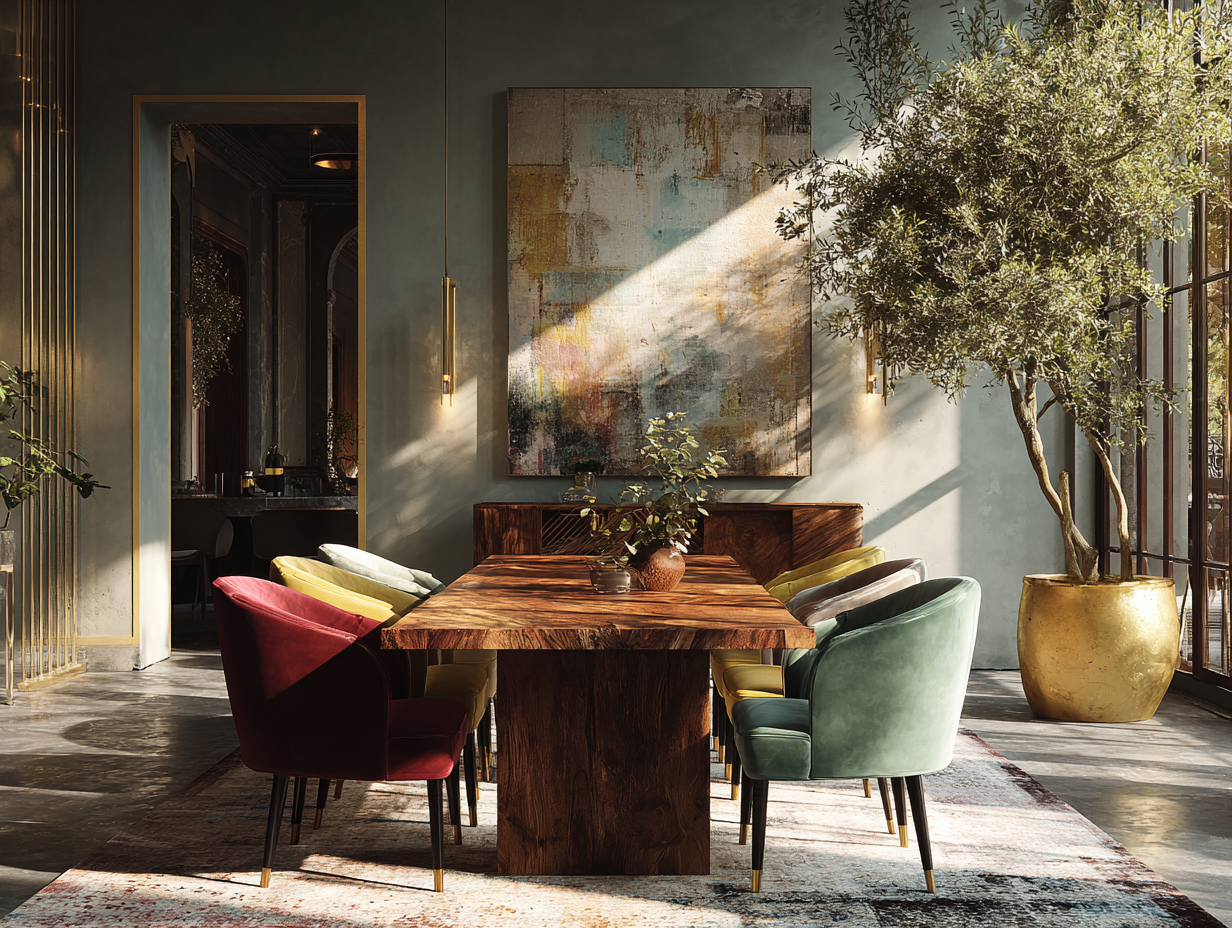Rectangular wooden dining table with emerald, ivory, and burgundy velvet chairs and a large gold planter with olive tree