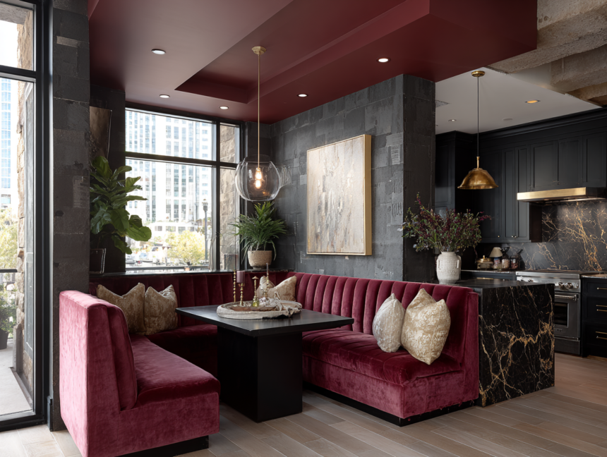 Burgundy velvet restaurant-style booth seating in a modern condo with black marble kitchen and pendant lighting