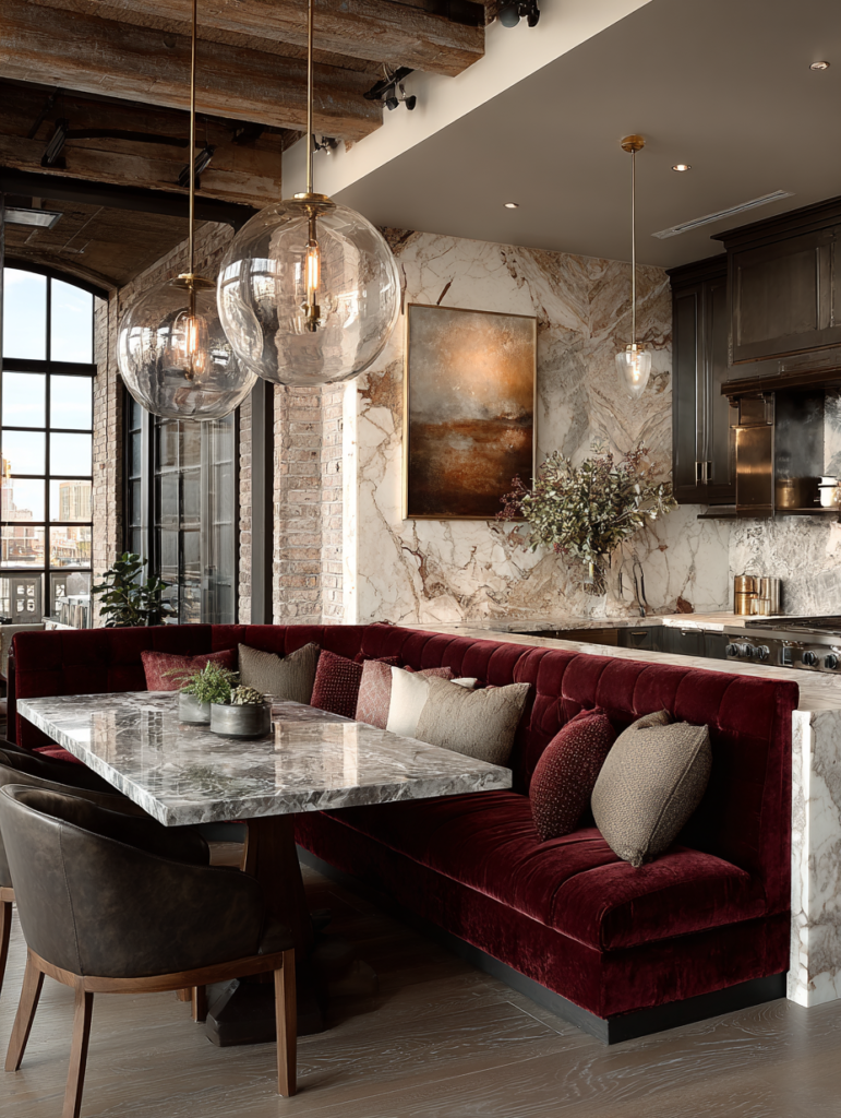 Burgundy velvet restaurant-style home booth with marble dining table, pendant glass lighting, and warm industrial loft details
