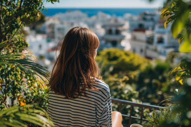 Woman enjoying a slow morning on a balcony with coffee overlooking a coastal city, representing calm energy and intentional living.