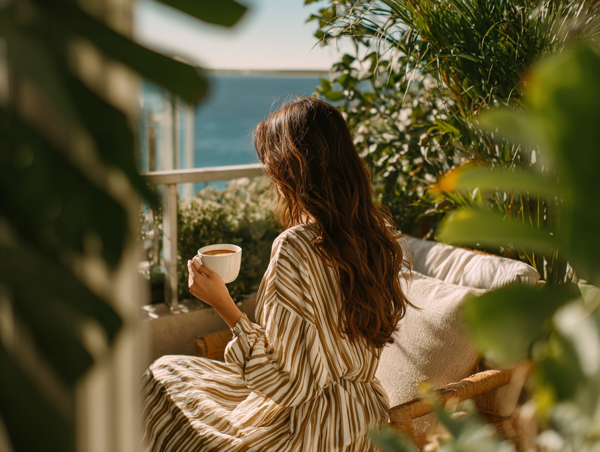 Woman enjoying a slow morning coffee on a balcony overlooking the sea, representing calm energy and intentional living.