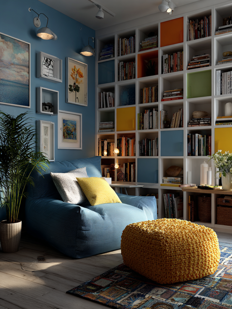 Designer home with built-in bookshelf filled with coffee table books and colorful decor accents.