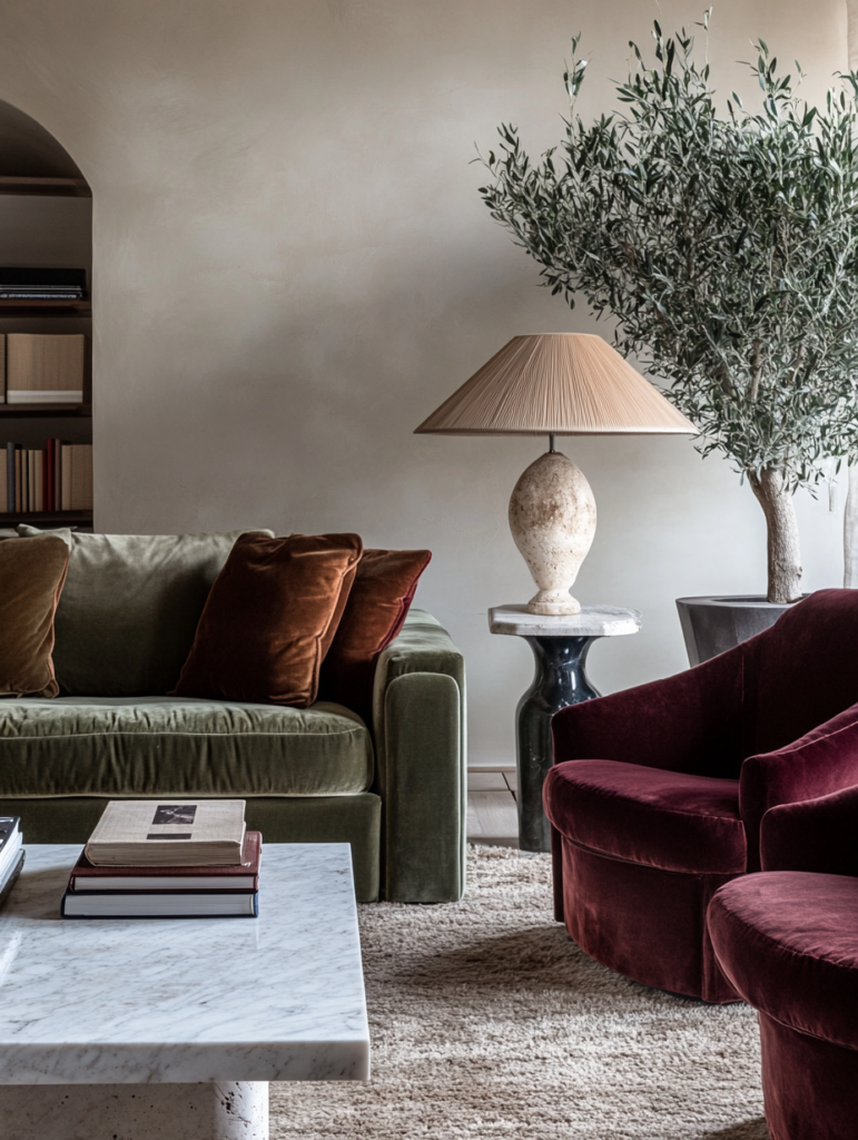 Stacked coffee table books on a marble table beside green velvet sofa and warm modern decor.