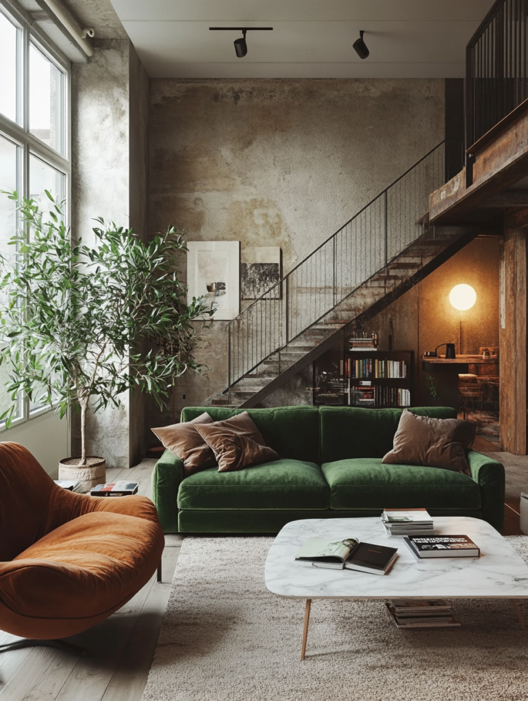 Modern loft living room with open coffee table book on marble table and layered seating.