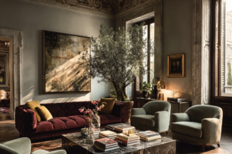 Elegant living room with stacked coffee table books on a marble table, velvet sofa, armchairs, and warm natural light.