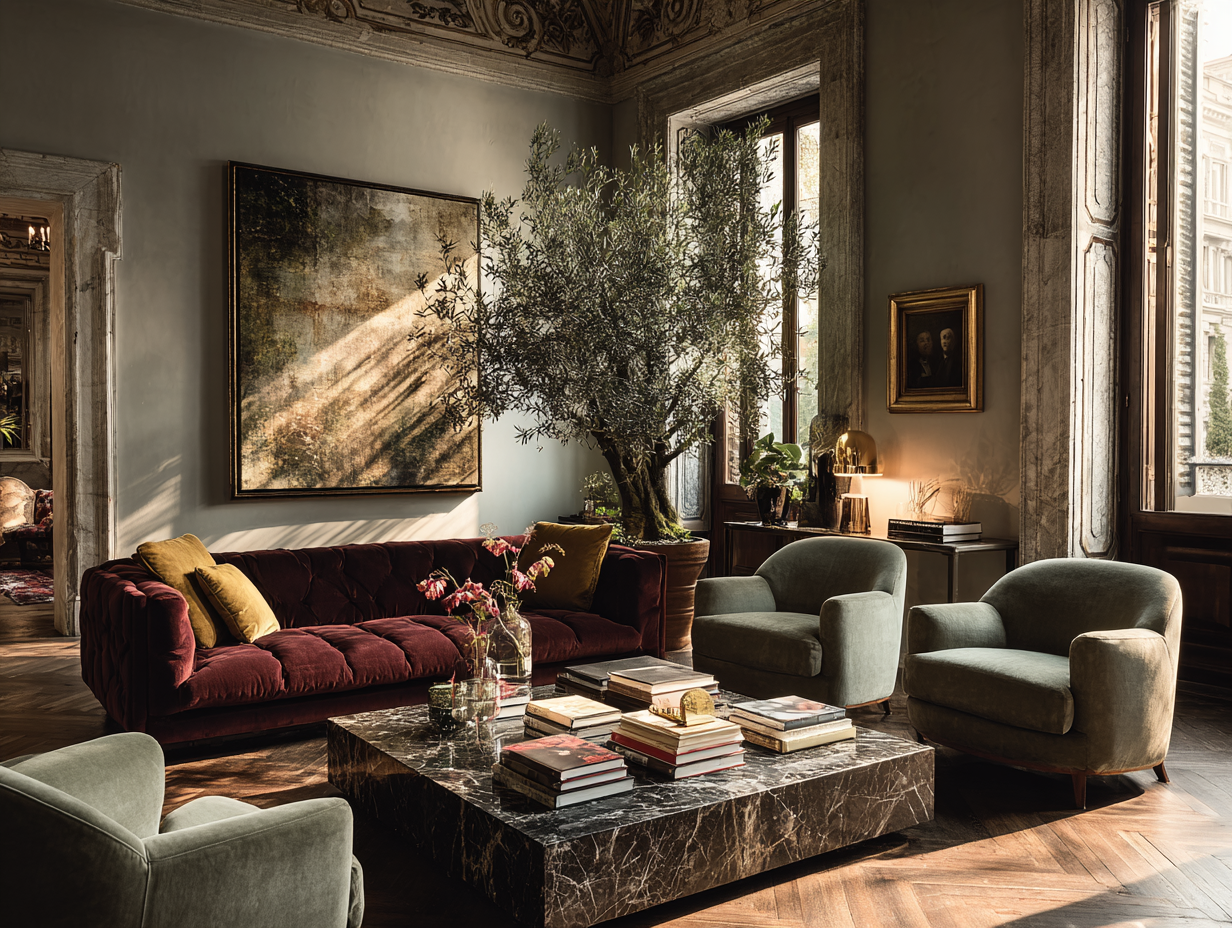 Elegant living room with stacked coffee table books on a marble table, velvet sofa, armchairs, and warm natural light.
