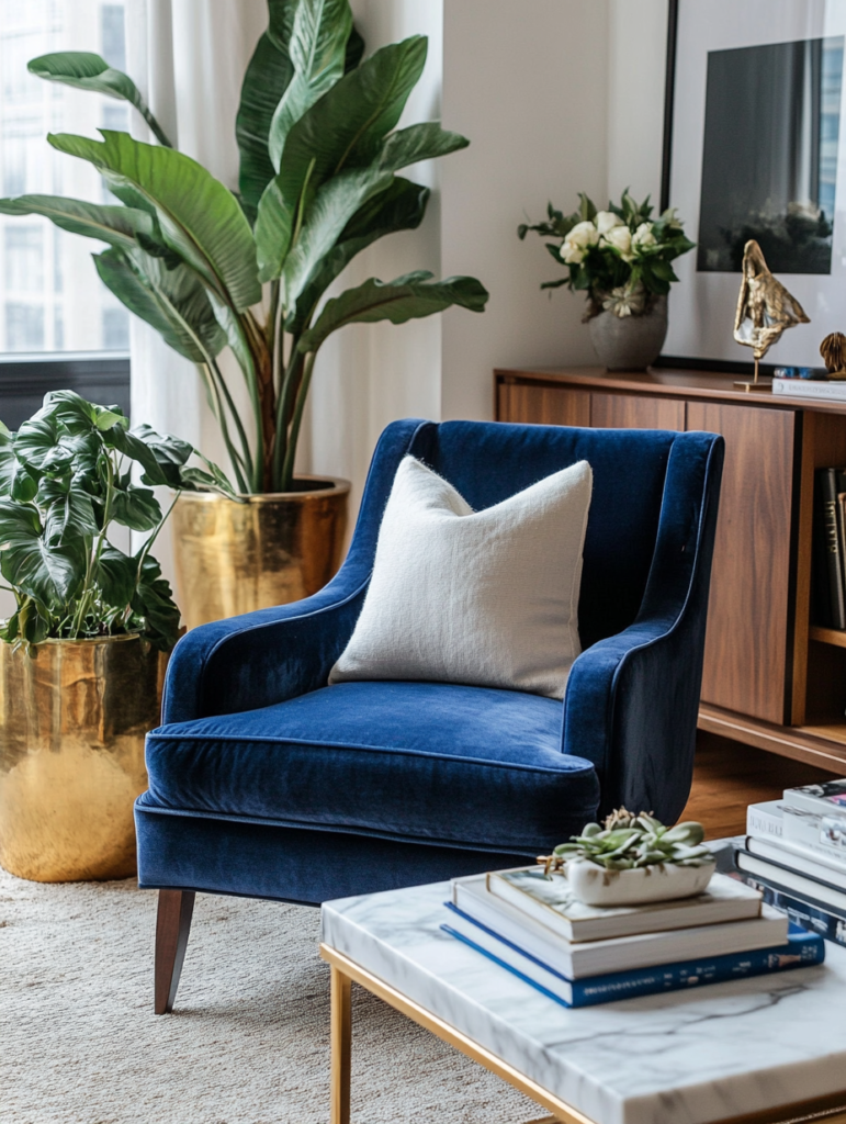 Modern living room with blue velvet chair and stacked coffee table books on marble table.