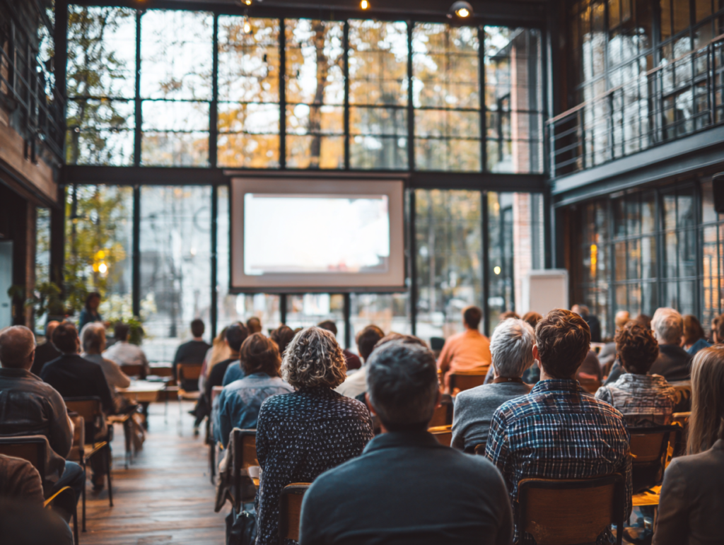 Audience seated in a large hall watching a presentation on a screen, representing traditional forms of content sharing before social media