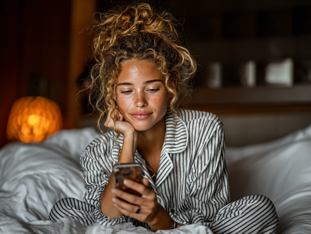 Woman relaxing in bed using her smartphone, representing modern digital content consumption and social media