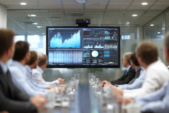 Corporate team reviewing financial presentation on a large screen in a boardroom, illustrating traditional forms of content creation